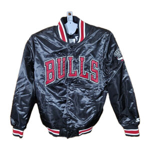 Starter Black Label Chicago Bulls Satin Jacket Black Red White Mens Size Medium